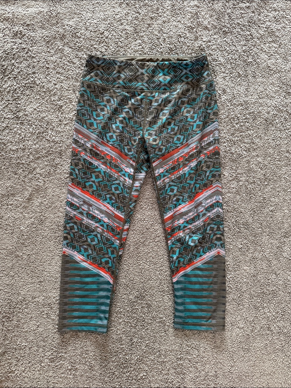 Prana Patterned Geo-Stripe Leggings in Teal, Gray & Red
